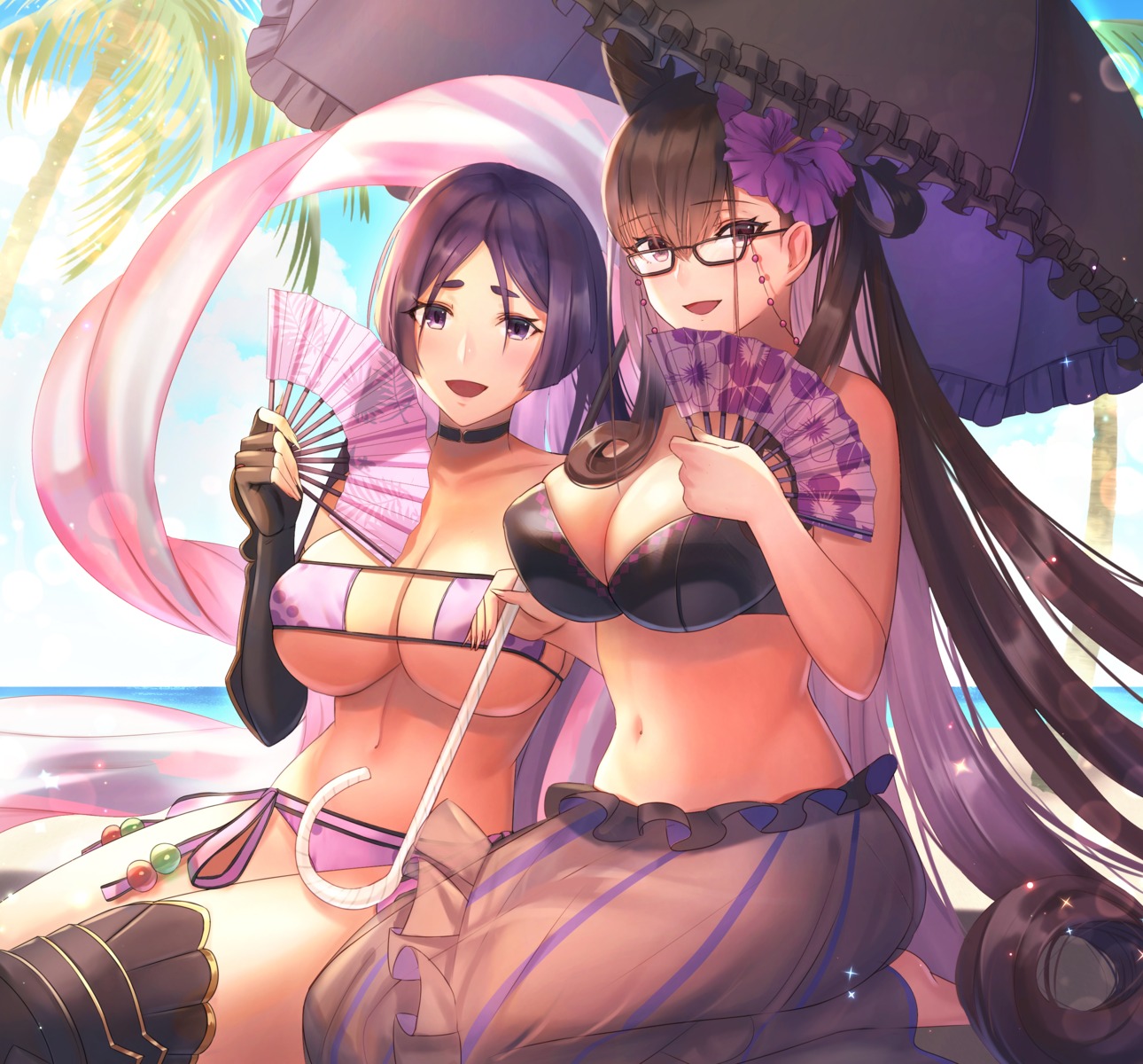 bikini dolce_(dolsuke) fate/grand_order megane minamoto_no_raikou_(fate/grand_order) murasaki_shikibu_(fate) see_through swimsuits thighhighs umbrella