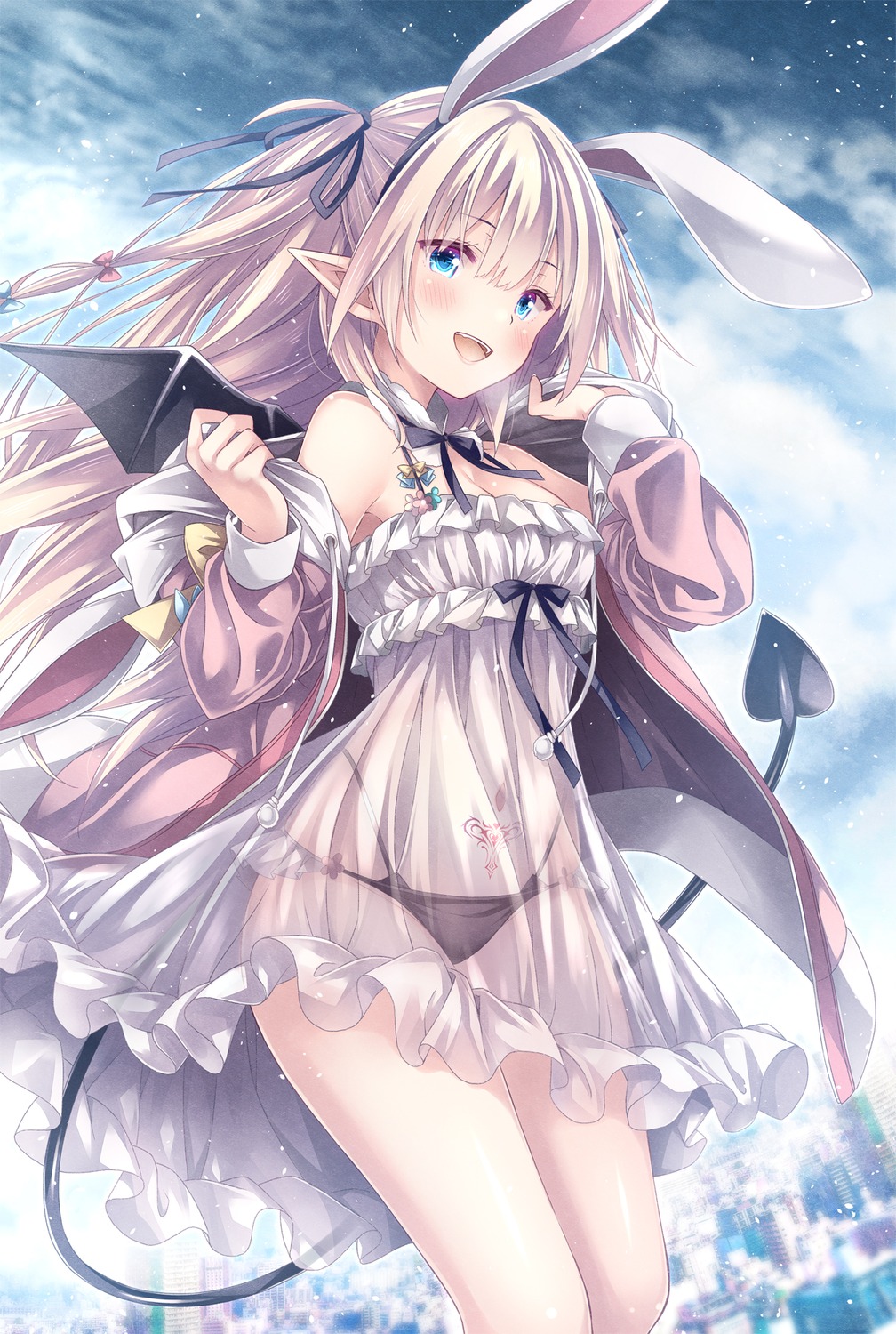 animal_ears bunny_ears devil dress pantsu pointy_ears ryo_(botsugo) see_through tail tattoo wings