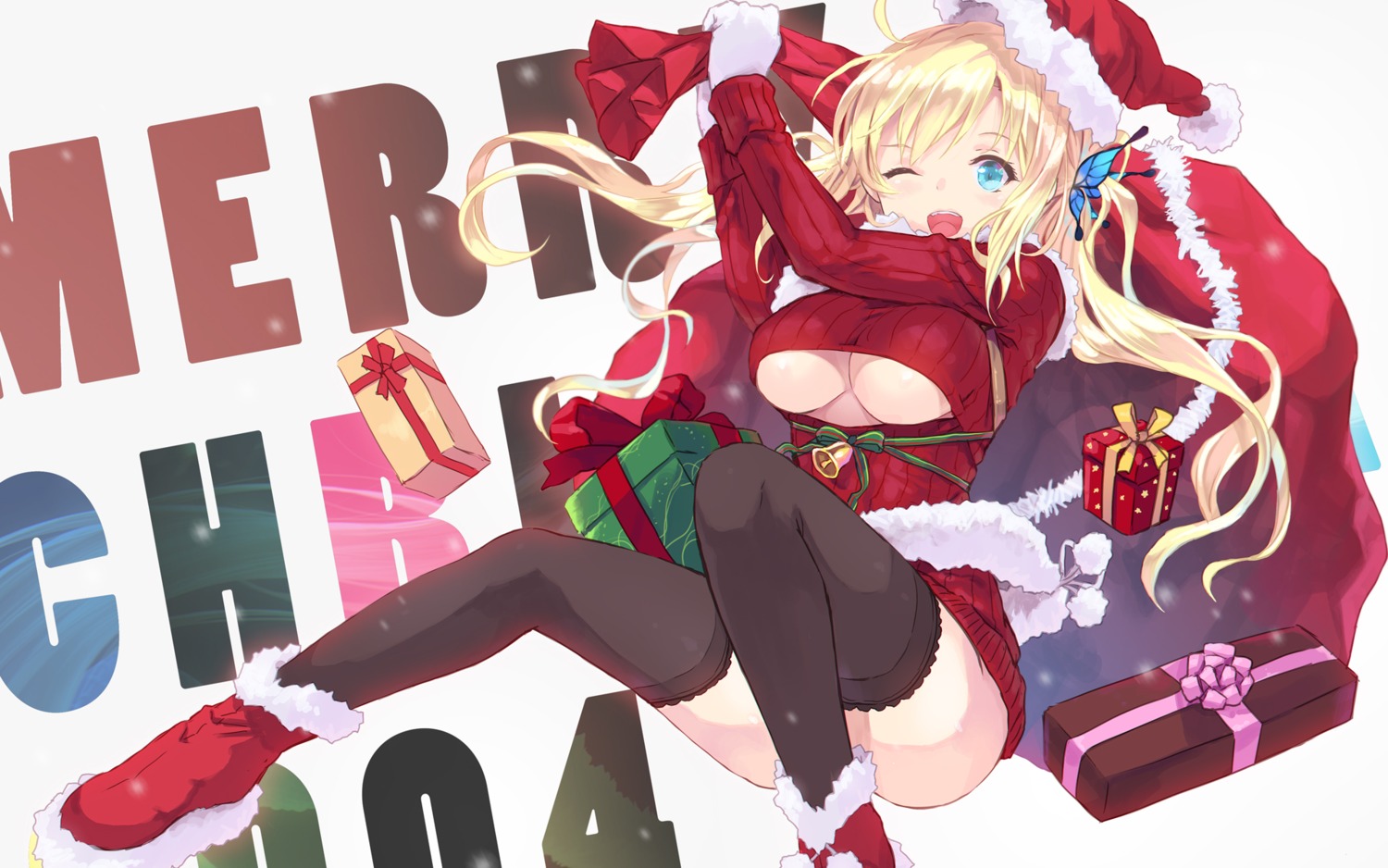 boku_wa_tomodachi_ga_sukunai cait christmas kashiwazaki_sena no_bra sweater thighhighs underboob