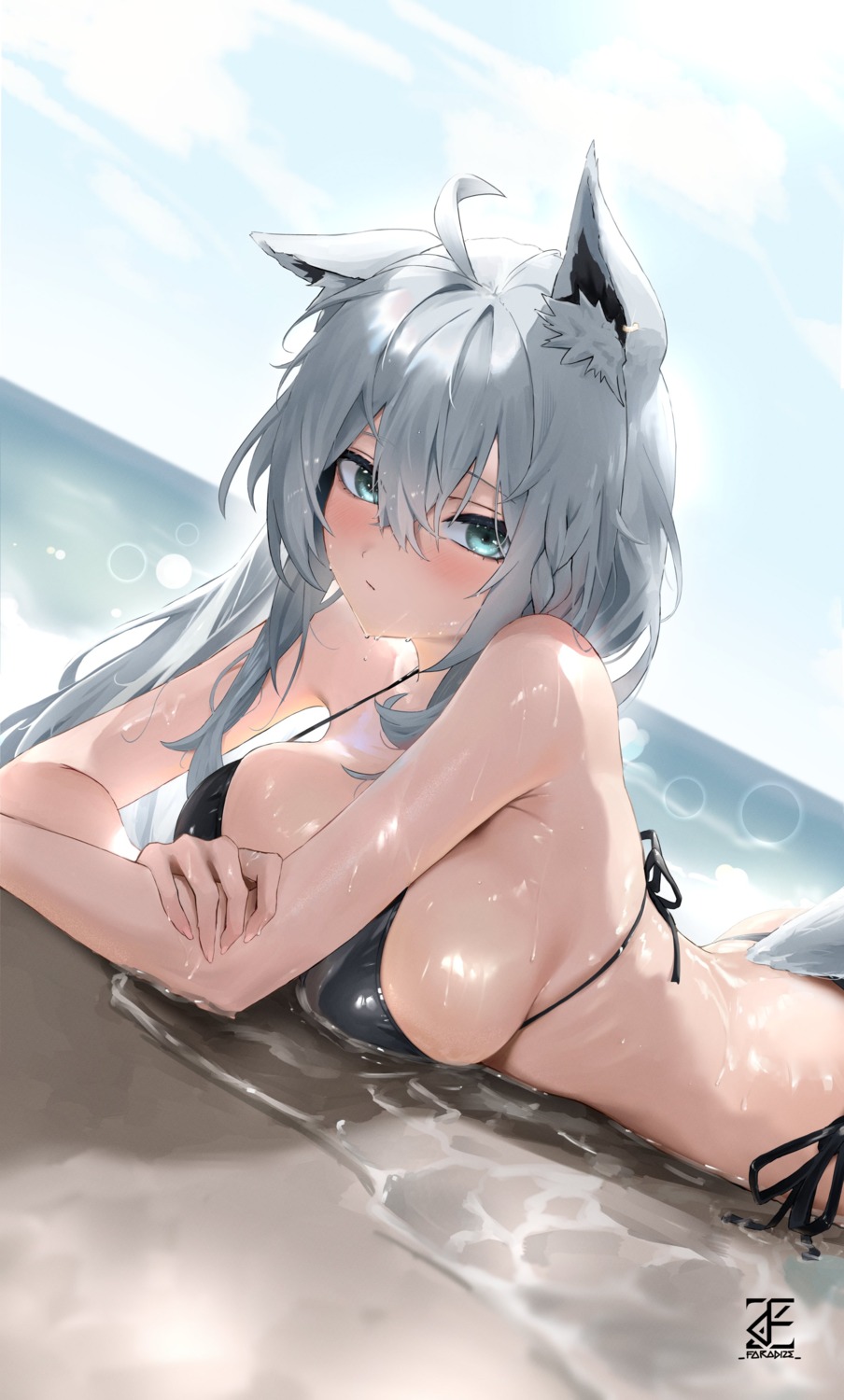 animal_ears bikini faradize hololive kitsune shirakami_fubuki swimsuits tail wet