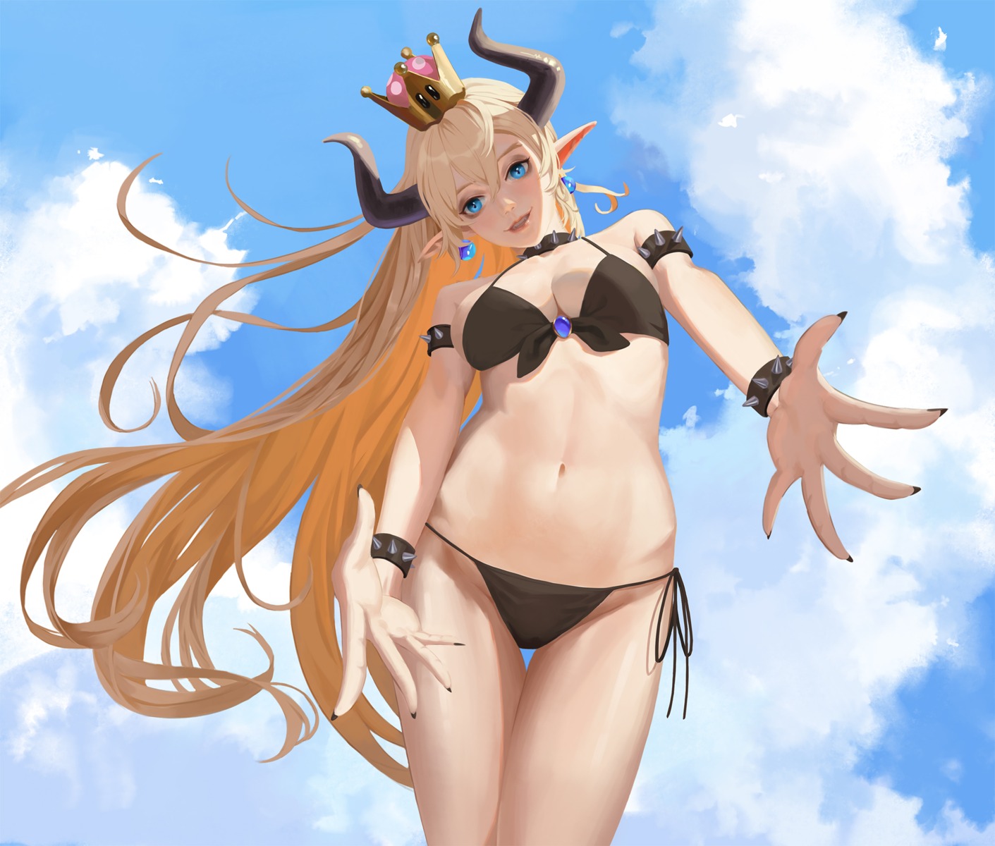 bikini bowsette cat04 cleavage horns new_super_mario_bros._u_deluxe pointy_ears swimsuits