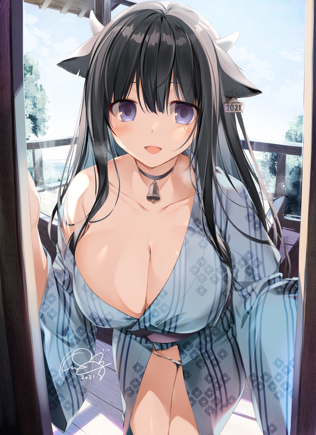 animal_ears horns karory no_bra open_shirt pantsu yukata