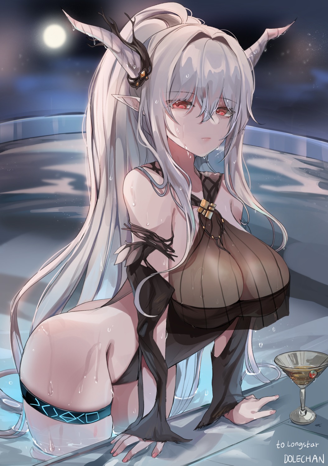 arknights dolechan horns no_bra pointy_ears see_through shining_(arknights) swimsuits wet