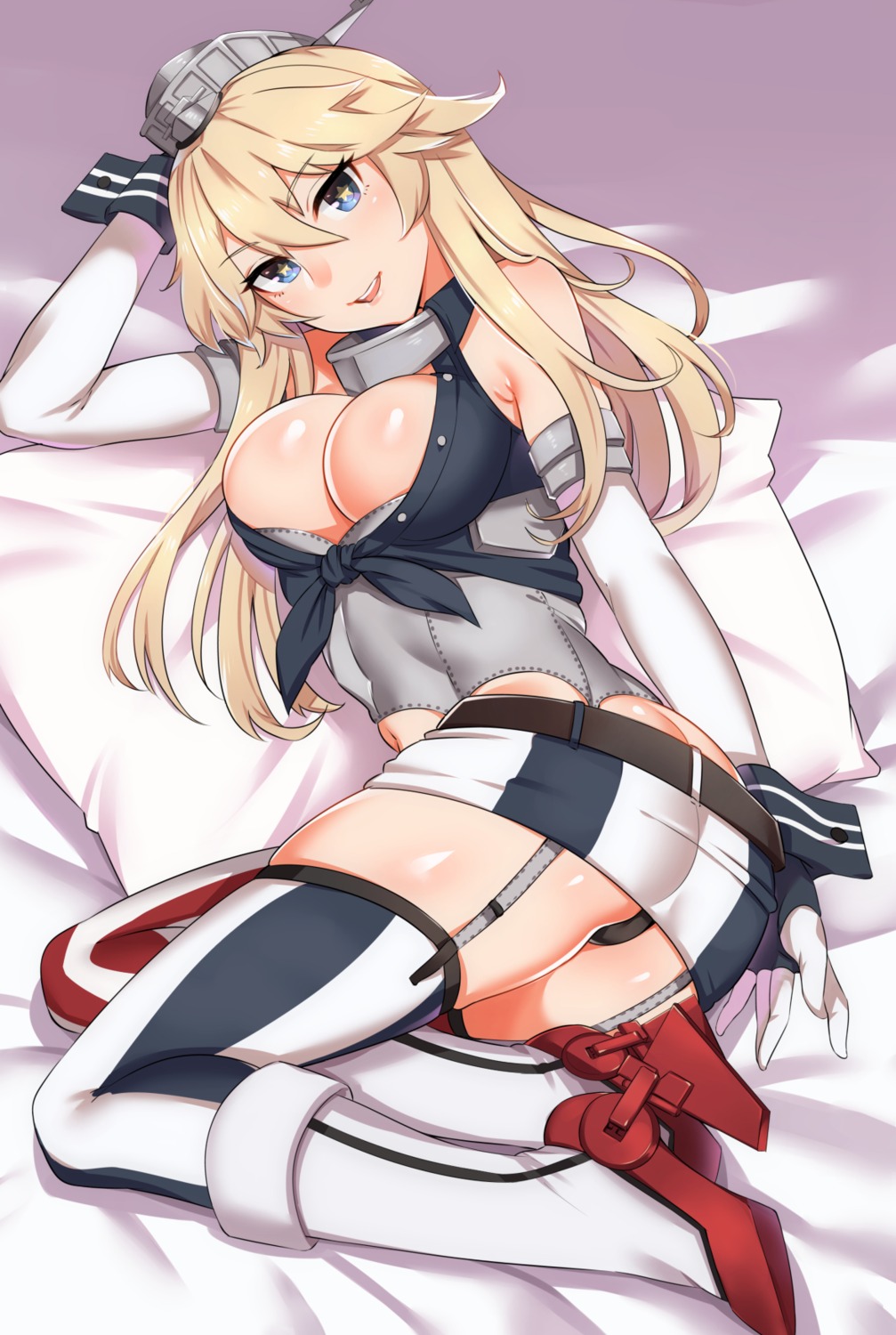 ass cleavage heels iowa_(kancolle) kantai_collection kyuuso_inukami no_bra open_shirt pantsu stockings thighhighs