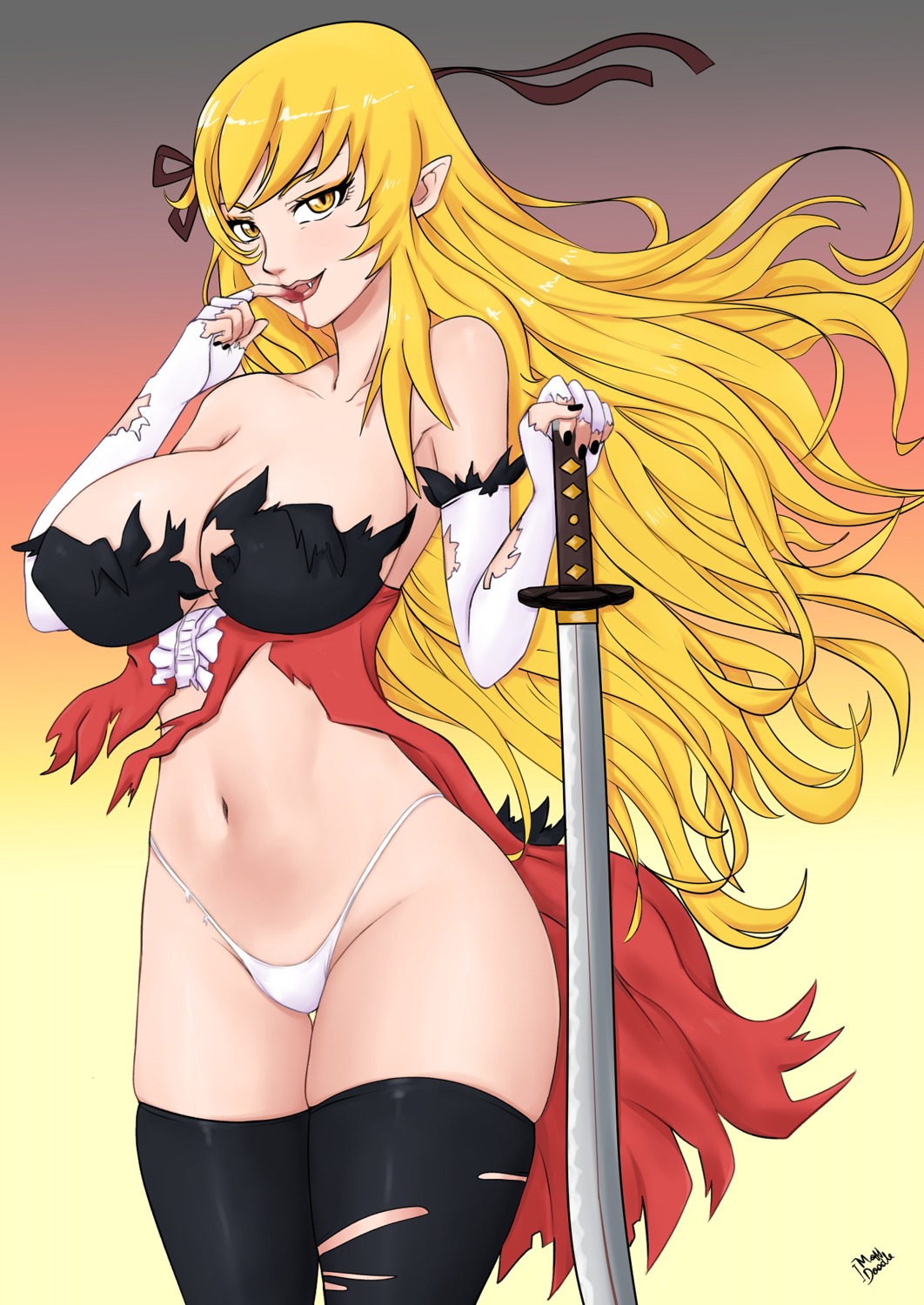 bakemonogatari blood erect_nipples kissshot_acerolaorion_heartunderblade kizumonogatari masterdoodle monogatari_(series) no_bra pantsu pointy_ears sword thighhighs torn_clothes