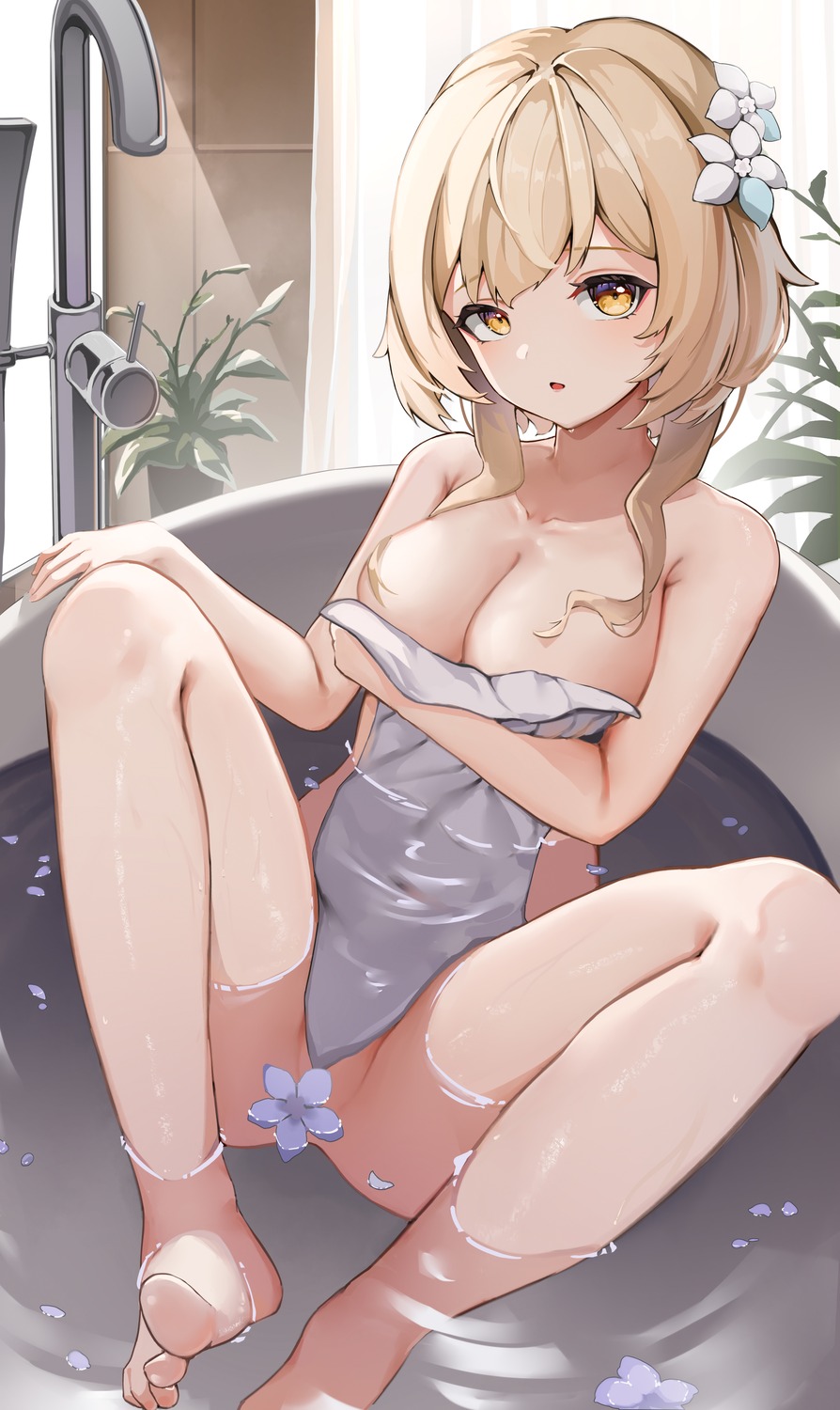 bathing berserker_r breast_hold genshin_impact lumine naked towel wet