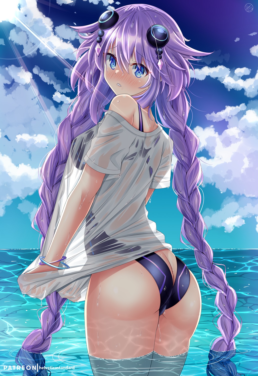 ass choujigen_game_neptune helvetica_5tandard purple_heart see_through swimsuits wet wet_clothes