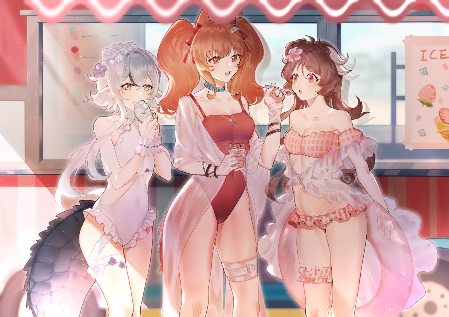 angelina_(arknights) animal_ears arknights bikini cleavage eyjafjalla_(arknights) garter horns open_shirt see_through swimsuits tail tomimi_(arknights) yan_er10