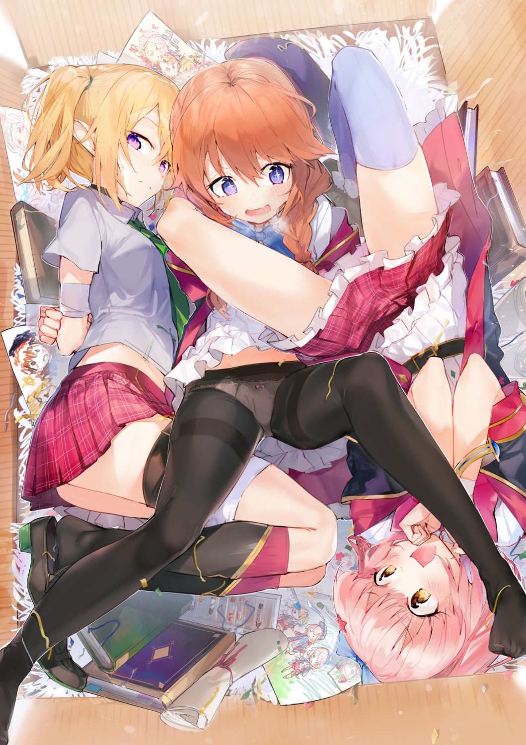 aida_(chinhung0612) garter kazama_chieru kuroe_hanako pantsu pantyhose pointy_ears princess_connect princess_connect!_re:dive seifuku shingyouji_yuni skirt_lift thighhighs yuri