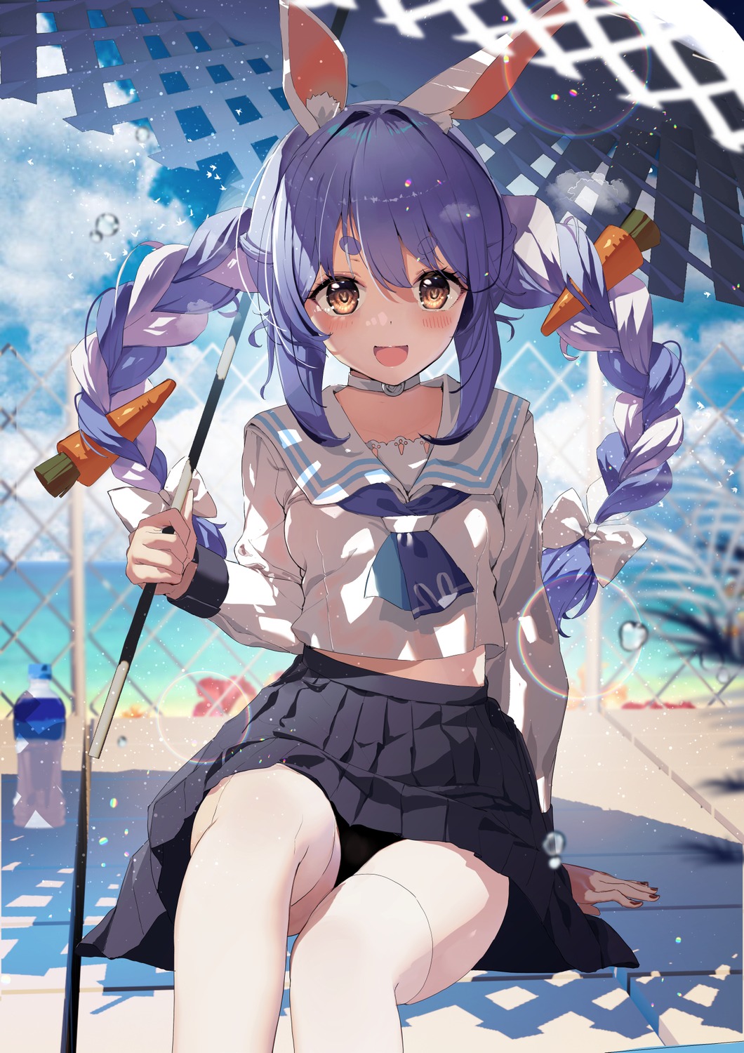 animal_ears bunny_ears haruhina_purple hololive seifuku skirt_lift thighhighs umbrella usada_pekora