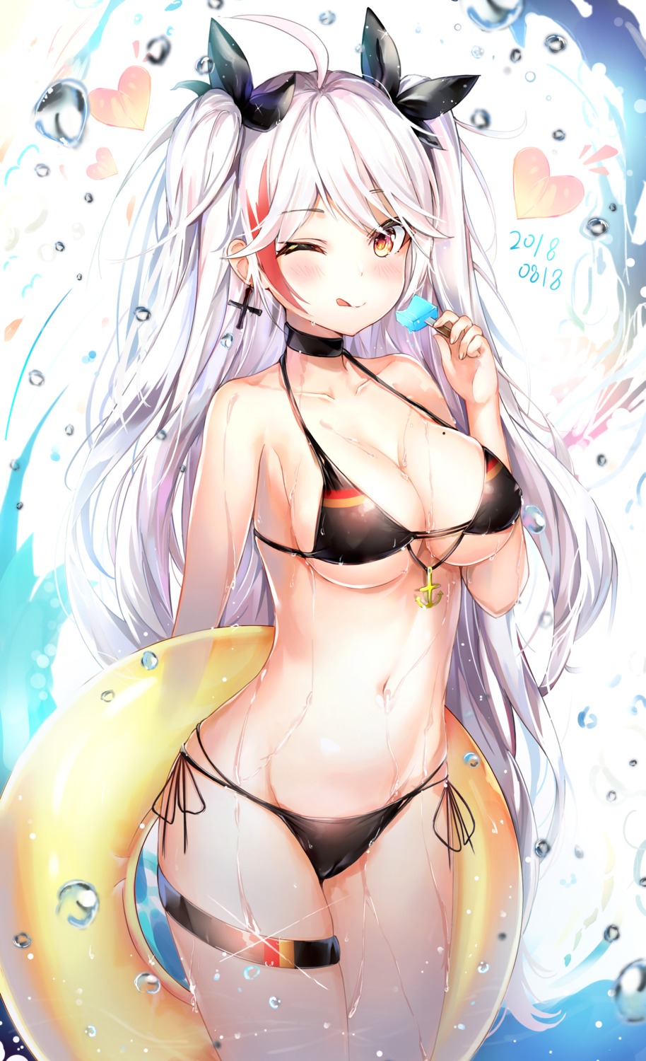 azur_lane bikini cleavage dana_(hapong07) erect_nipples garter prinz_eugen_(azur_lane) swimsuits underboob wet