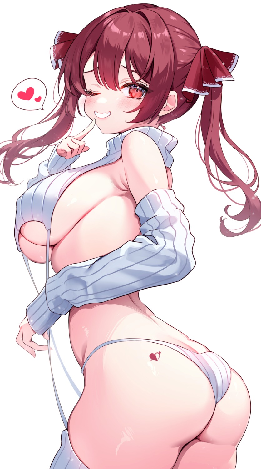 ass enepuni erect_nipples hololive houshou_marine lingerie no_bra stockings sweater tattoo thighhighs thong