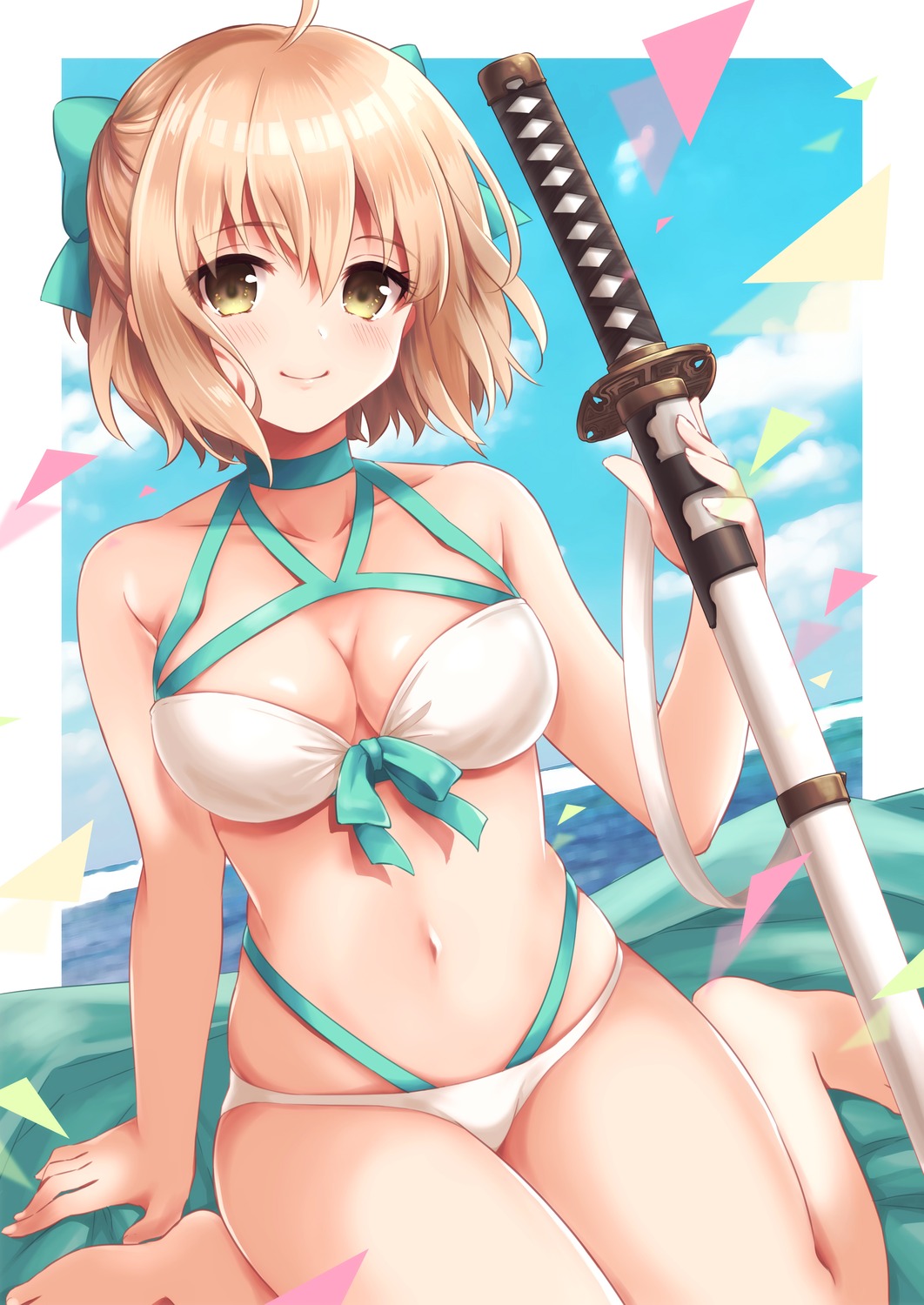 bikini fate/grand_order okita_souji_(fate) pika_mouse swimsuits sword