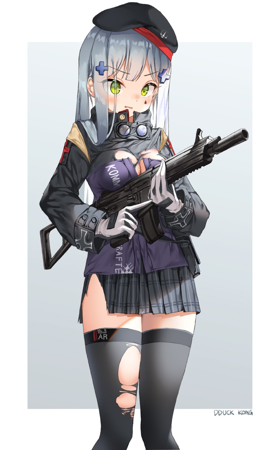 cleavage dduck_kong girls_frontline gun hk416_(girls_frontline) thighhighs torn_clothes
