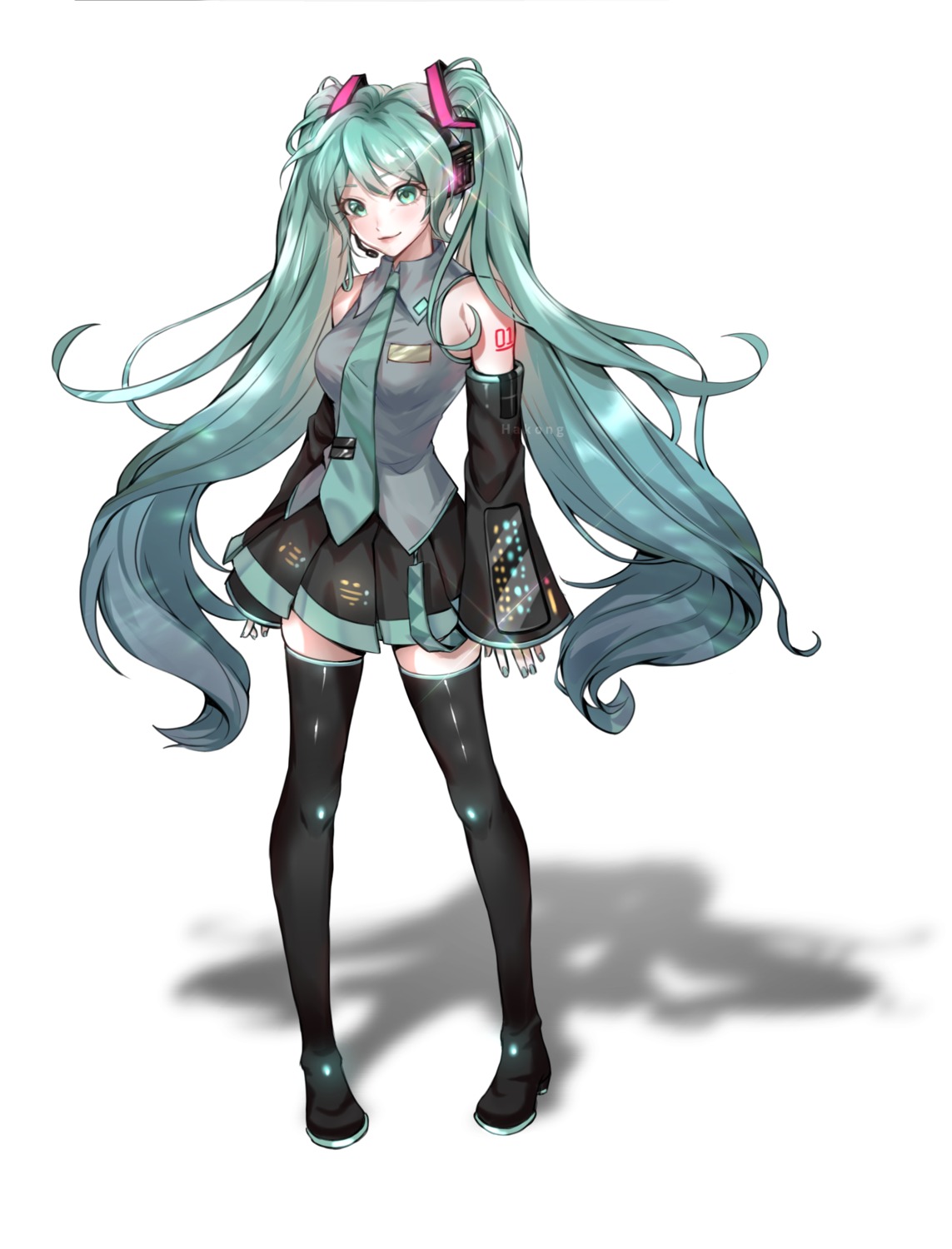 hakong hatsune_miku headphones tattoo thighhighs vocaloid