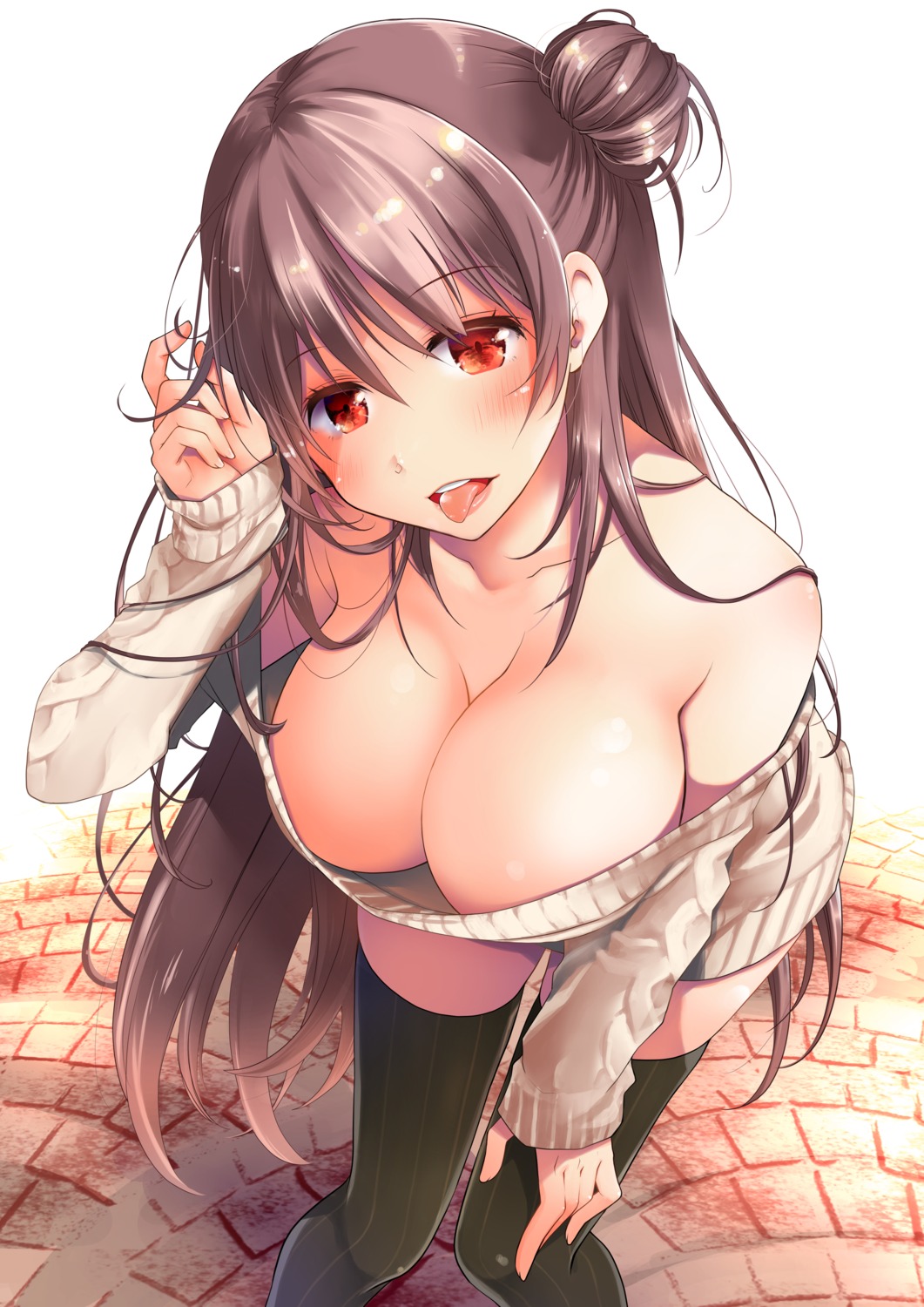 cleavage no_bra open_shirt ponkotsu_works sweater thighhighs