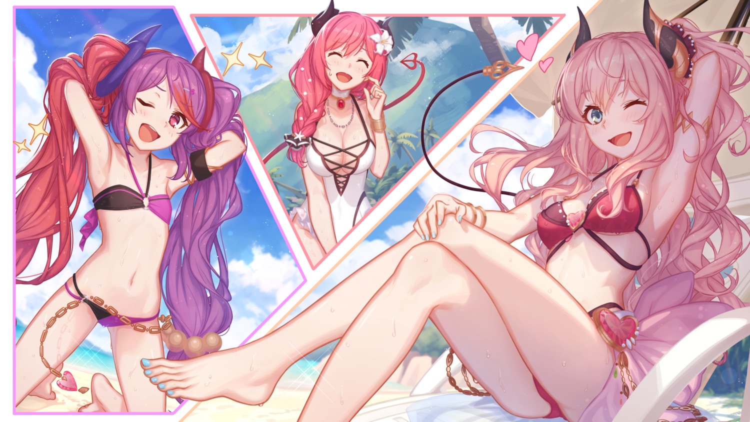 bikini cleavage hasekura_io horns m-ya minami_suzuna princess_connect princess_connect!_re:dive swimsuits tail tamaizumi_misaki wallpaper