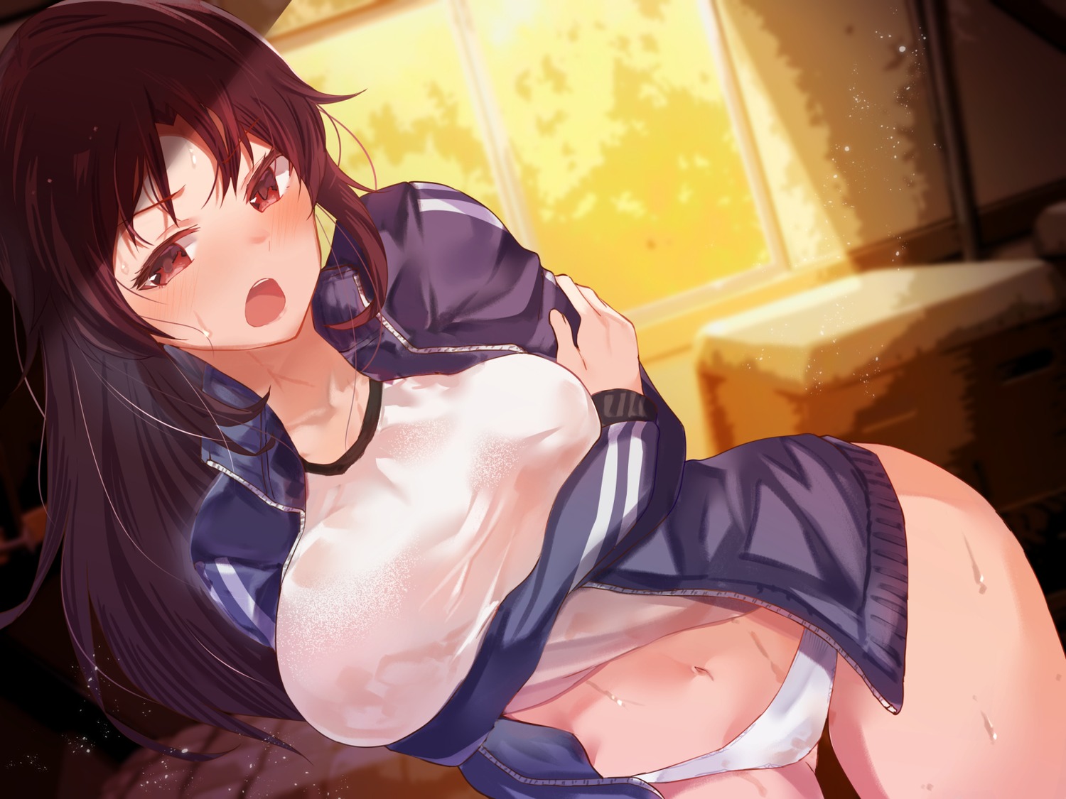 arito_arayuru breast_hold gym_uniform open_shirt pantsu