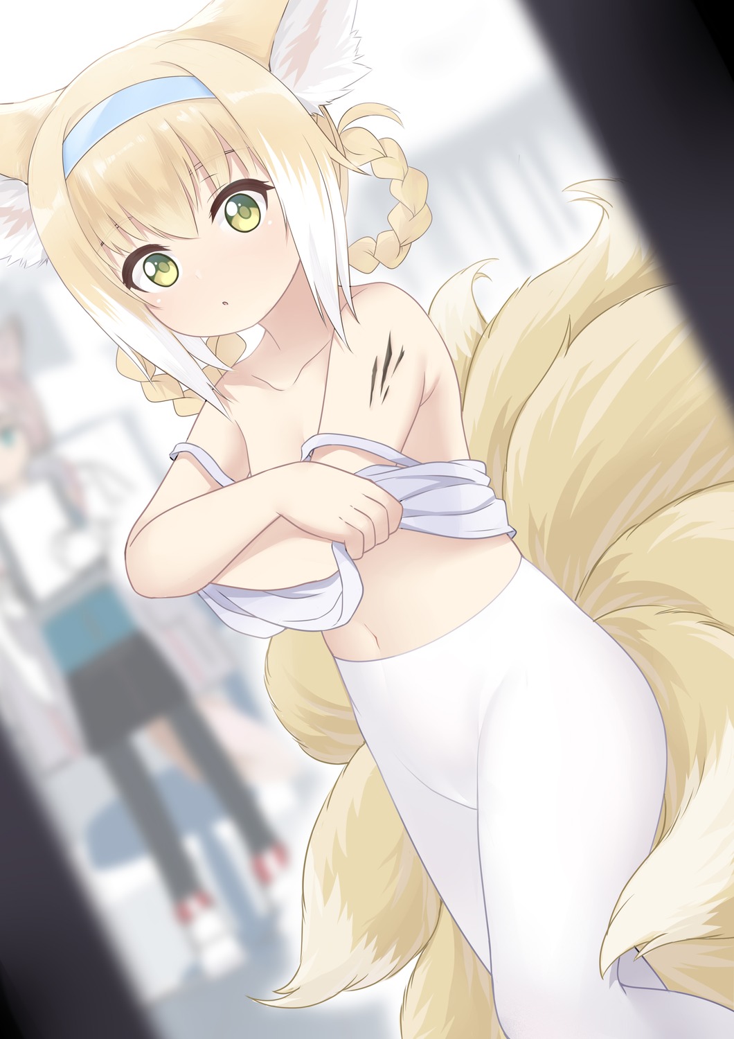 animal_ears arknights caibao cameltoe kitsune lingerie loli no_bra pantyhose shirt_lift sussurro_(arknights) suzuran_(arknights) tail undressing