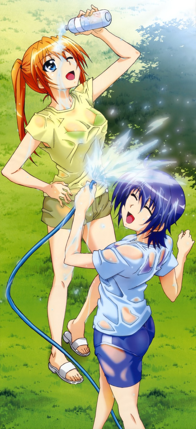 bra cleavage hashimoto_takayoshi mahou_shoujo_lyrical_nanoha mahou_shoujo_lyrical_nanoha_strikers pantsu see_through subaru_nakajima teana_lanster wet wet_clothes