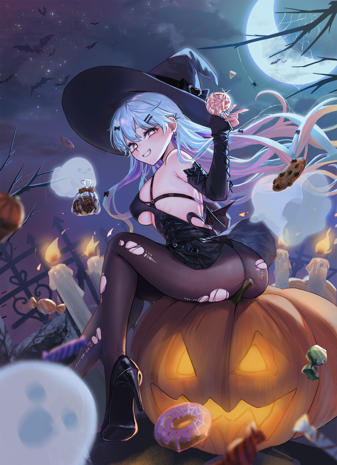 ass erica_(soccer_spirits) halloween heels merumeko no_bra pantsu pantyhose skirt_lift soccer_spirits thong torn_clothes witch