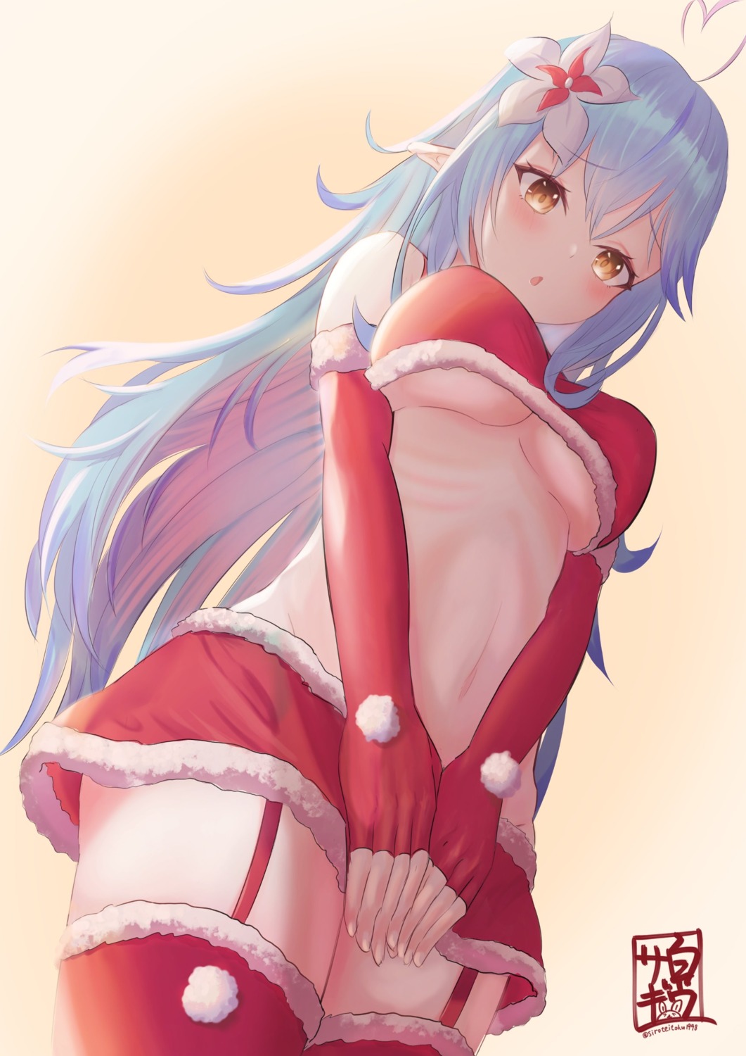 christmas hololive no_bra pointy_ears shirousagi_(sirousagi1998) stockings thighhighs underboob yukihana_lamy