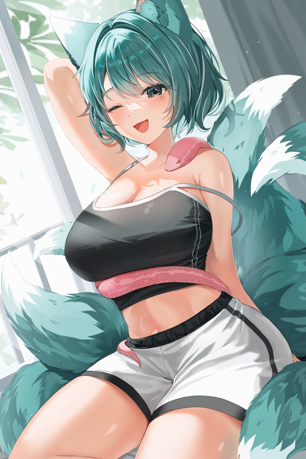 animal_ears kitsune no_bra sayan tail