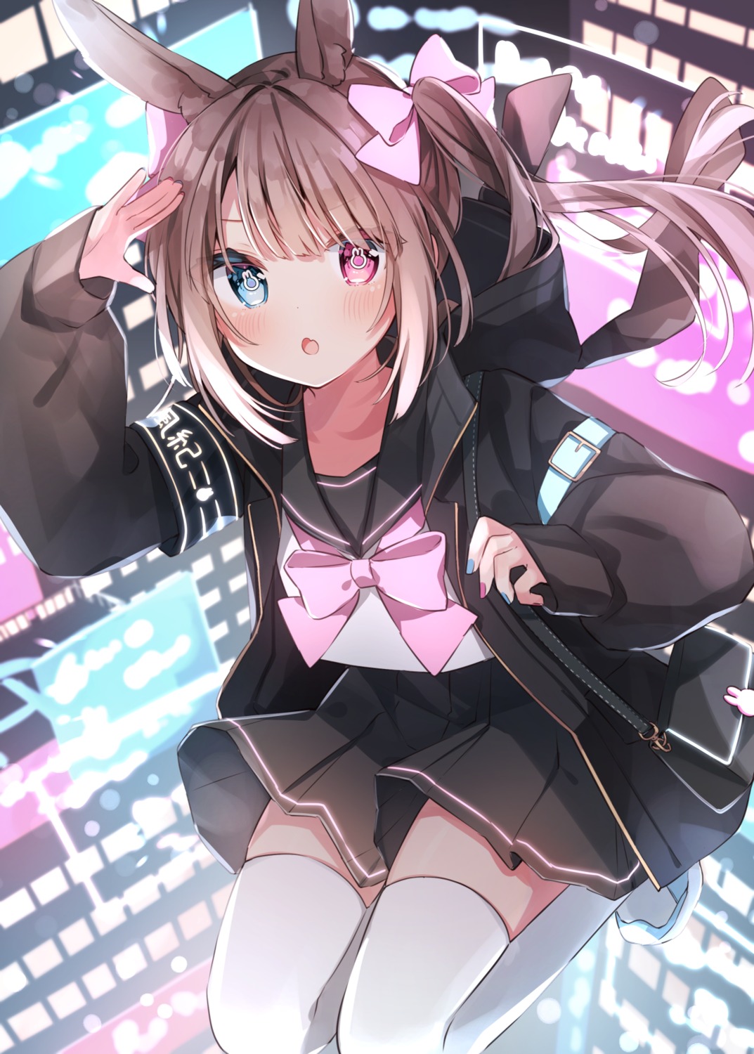 animal_ears bunny_ears heterochromia pirorikin seifuku skirt_lift thighhighs