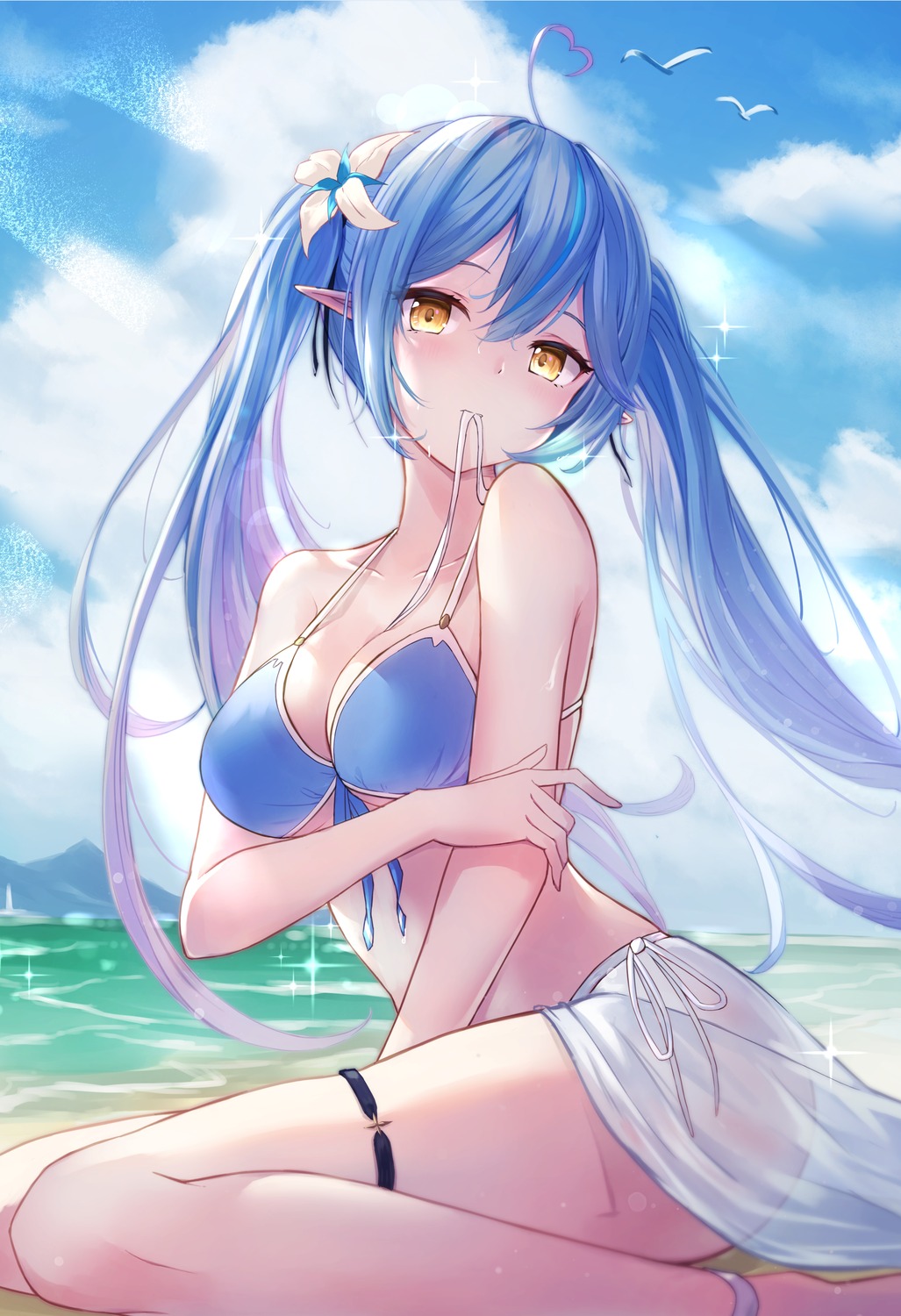 bikini elf garter hololive pointy_ears see_through swimsuits tokisaka_makoto yukihana_lamy