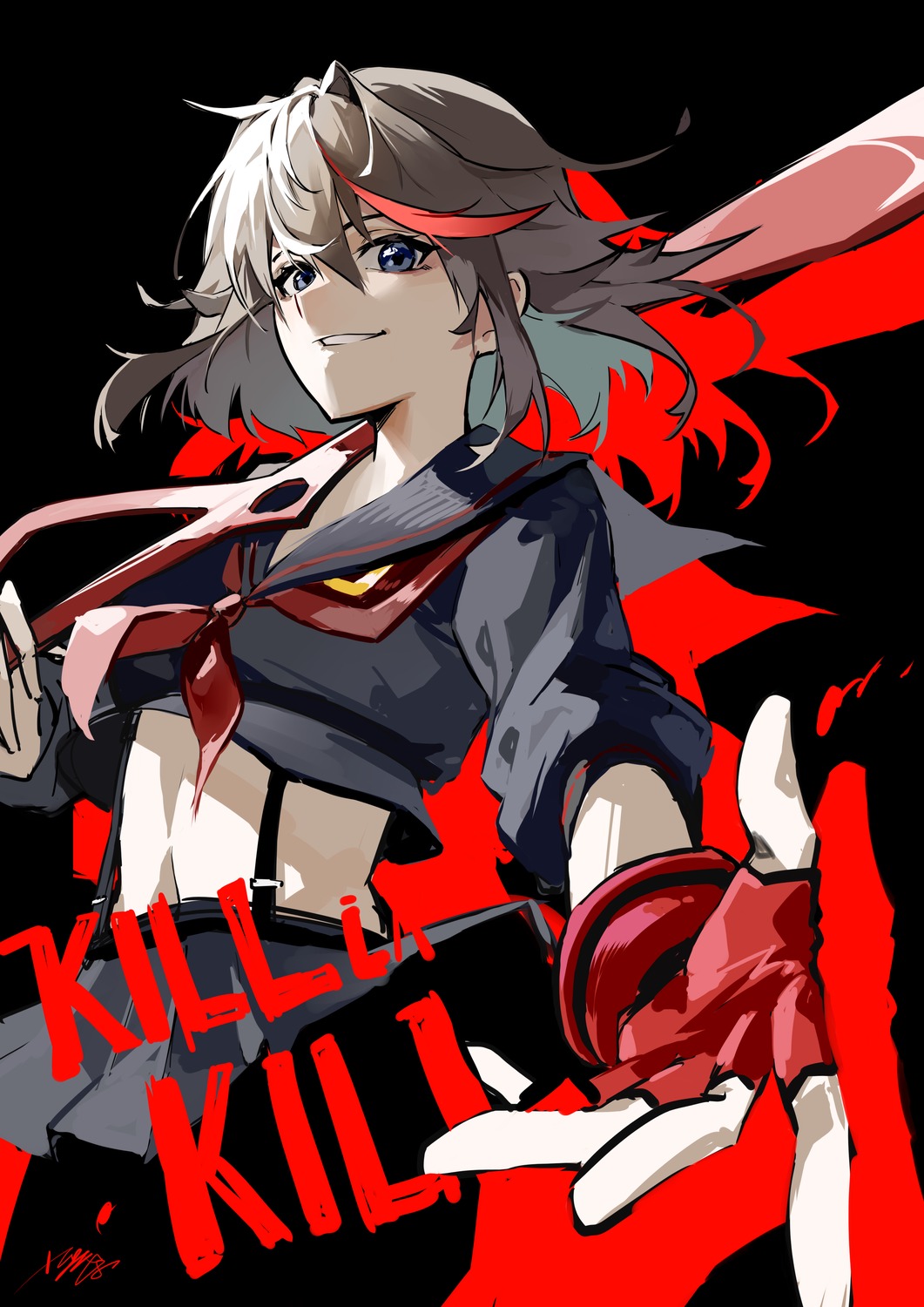 jiuyesang kill_la_kill matoi_ryuuko pantyhose seifuku senketsu sketch skirt_lift weapon