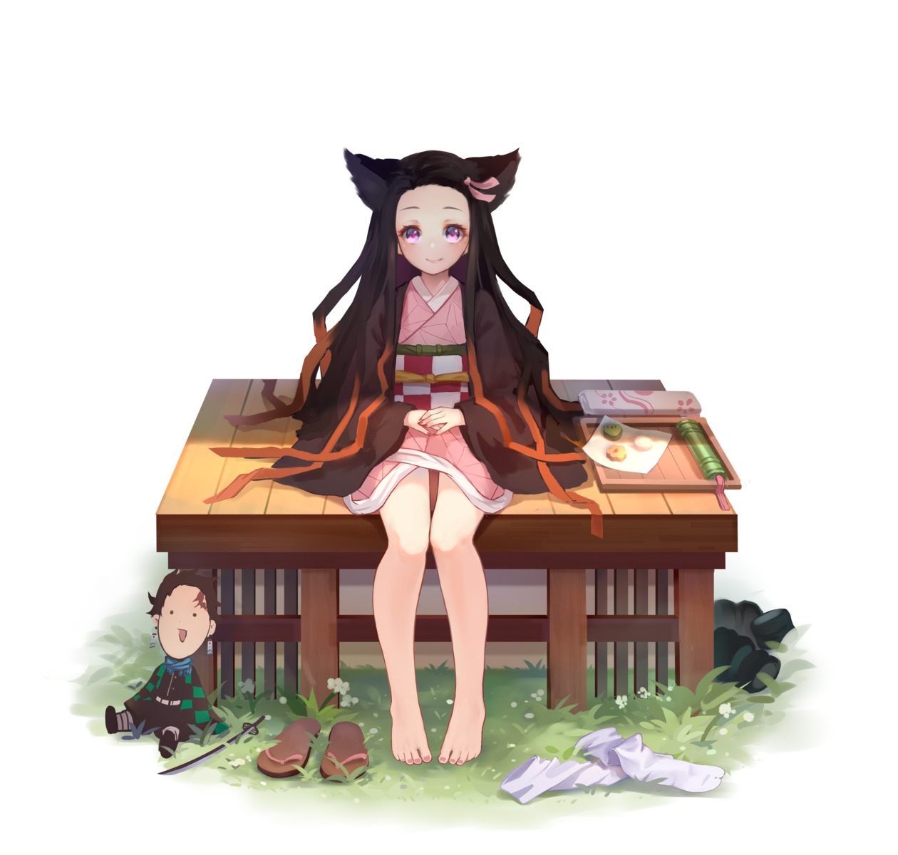 animal_ears feet japanese_clothes kamado_nezuko kimetsu_no_yaiba nekomimi shio_(7203802)