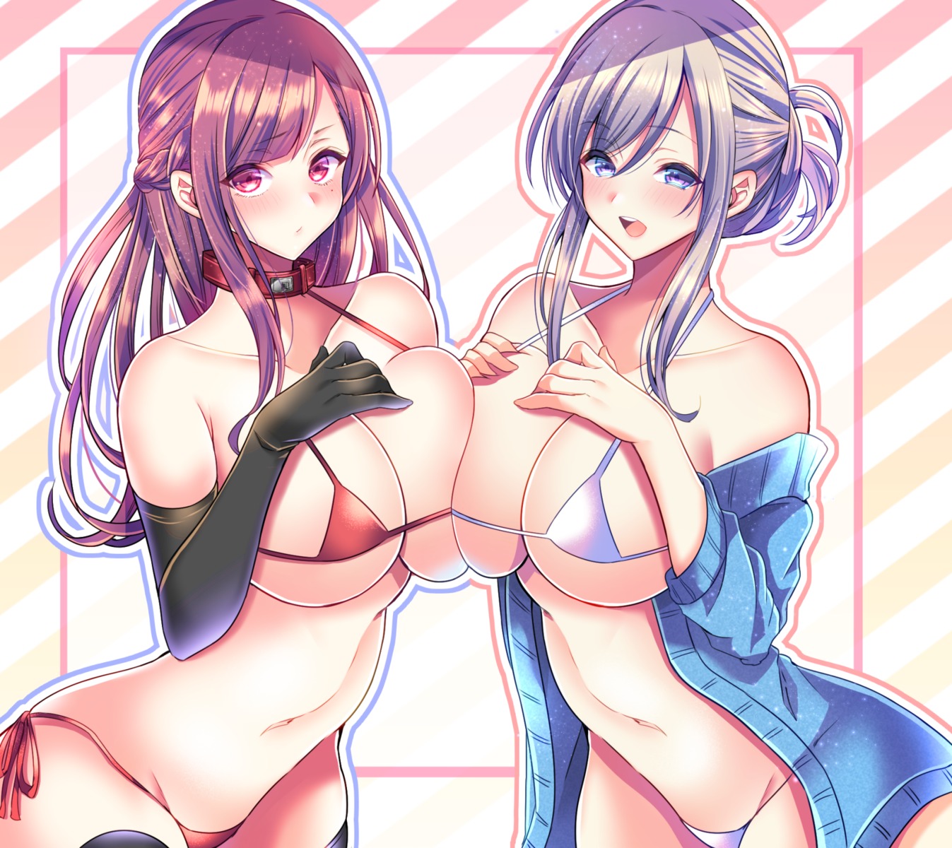 aizawa_chihiro bikini breast_hold cleavage open_shirt sweater swimsuits thighhighs underboob