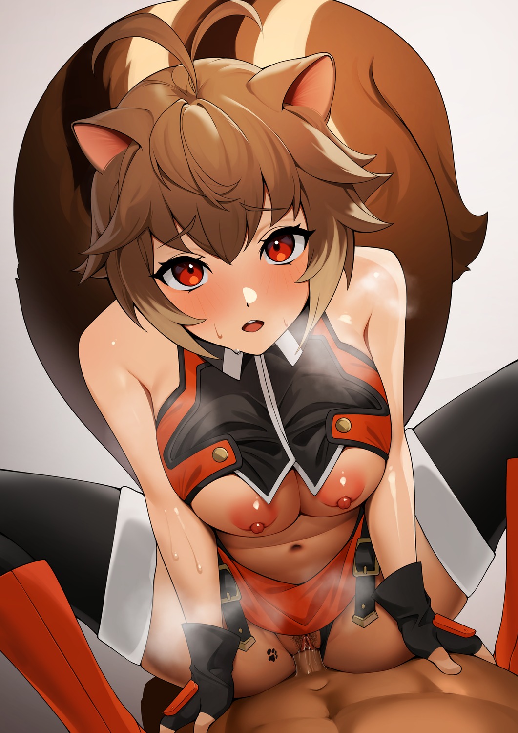 animal_ears blazblue blazblue:_calamity_trigger blazblue:_chronophantasma blazblue:_continuum_shift breasts ett makoto_nanaya nipples no_bra pantsu panty_pull penis pubic_hair pussy pussy_juice sex skirt_lift tail tattoo thighhighs thong uncensored