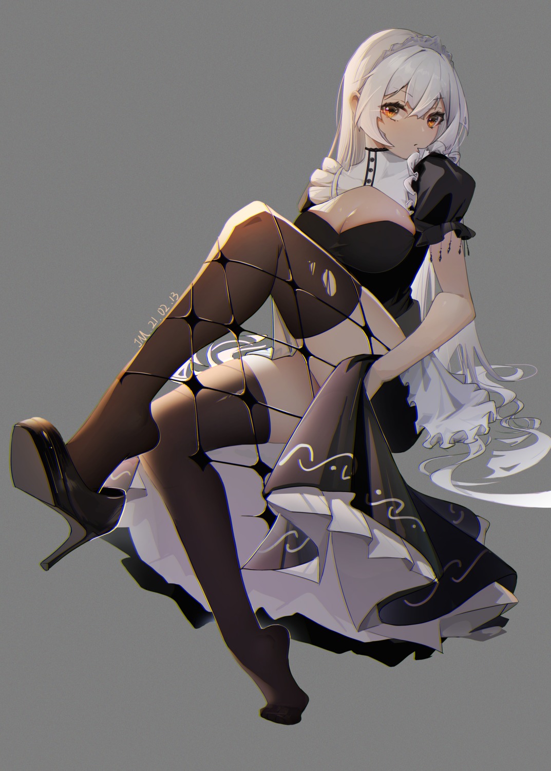 azur_lane baozoudejuanmaojun cleavage heels hermione_(azur_lane) maid no_bra skirt_lift thighhighs torn_clothes