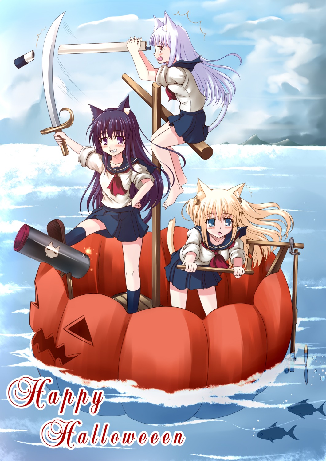 animal_ears halloween minami_suzaku nekomimi seifuku