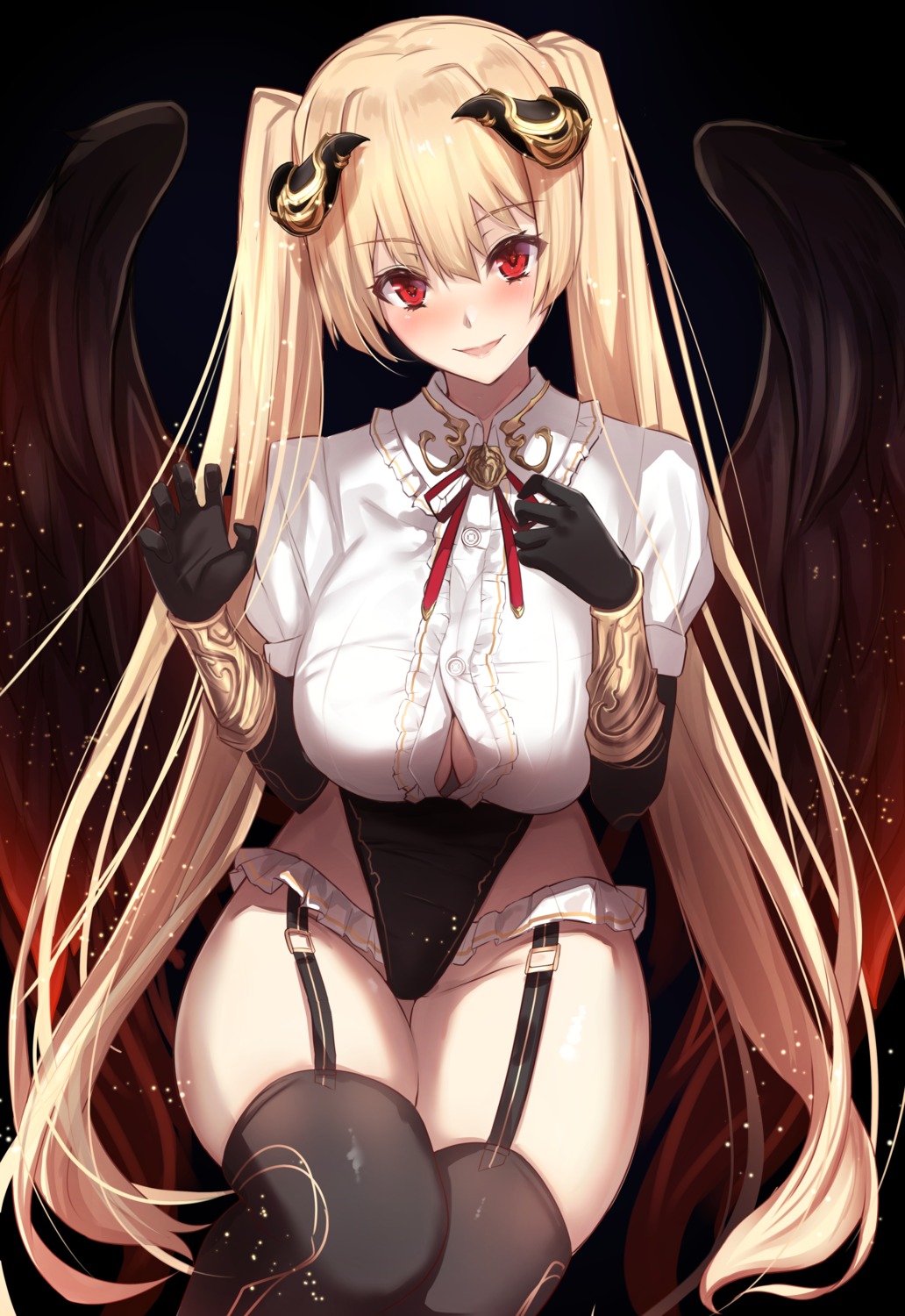 cleavage horns leotard no_bra open_shirt stockings thighhighs untsue wings