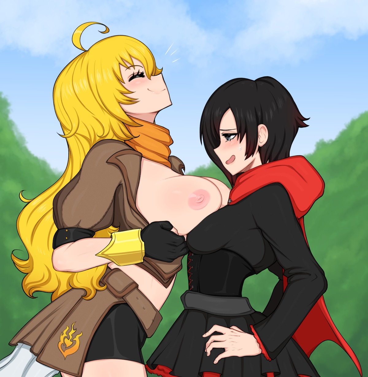 afrobull breasts nipples no_bra open_shirt ruby_rose rwby undressing yang_xiao_long yuri