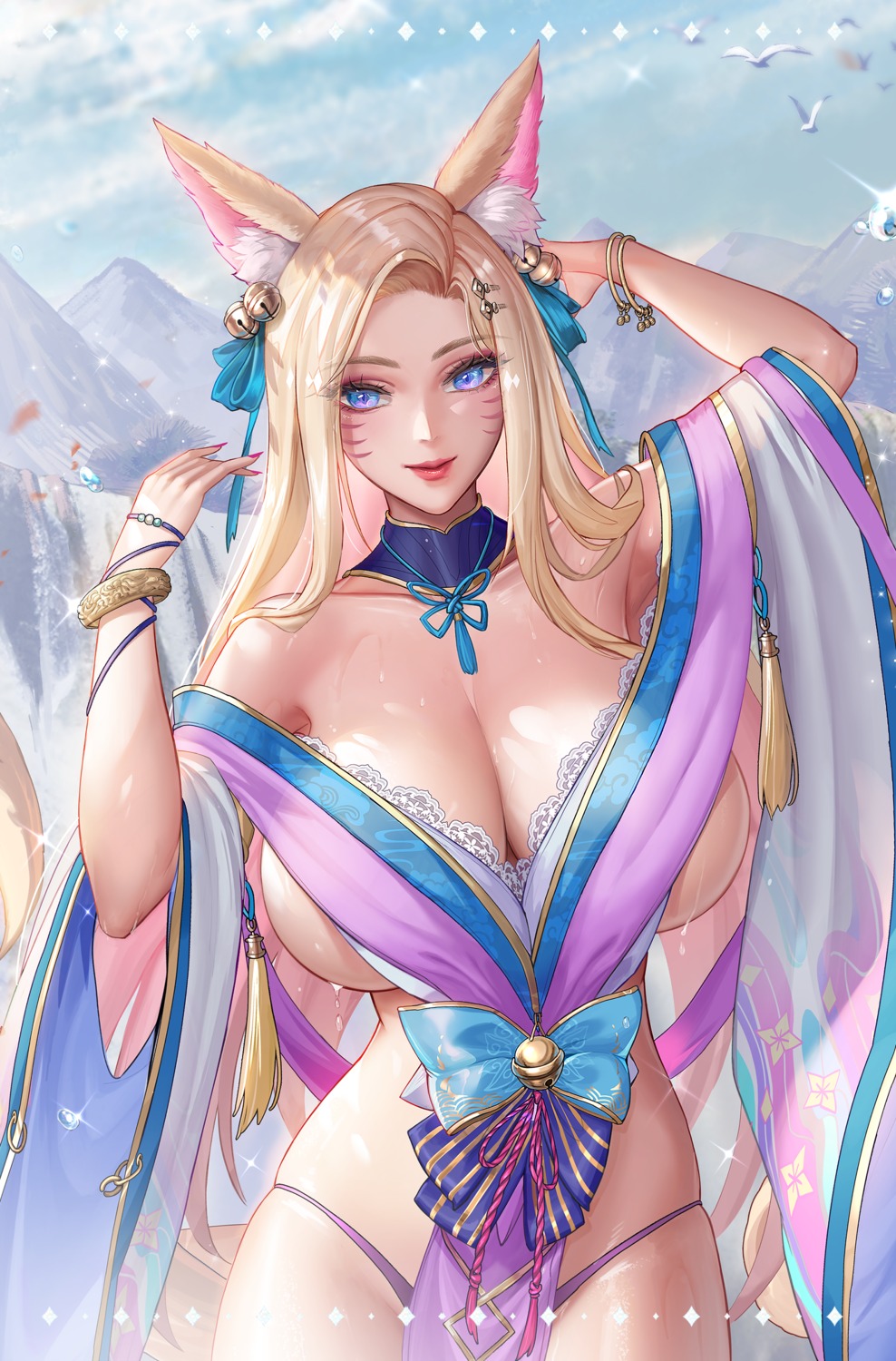 ahri animal_ears cleavage league_of_legends no_bra pantsu tail tsuki_no_i-min wet