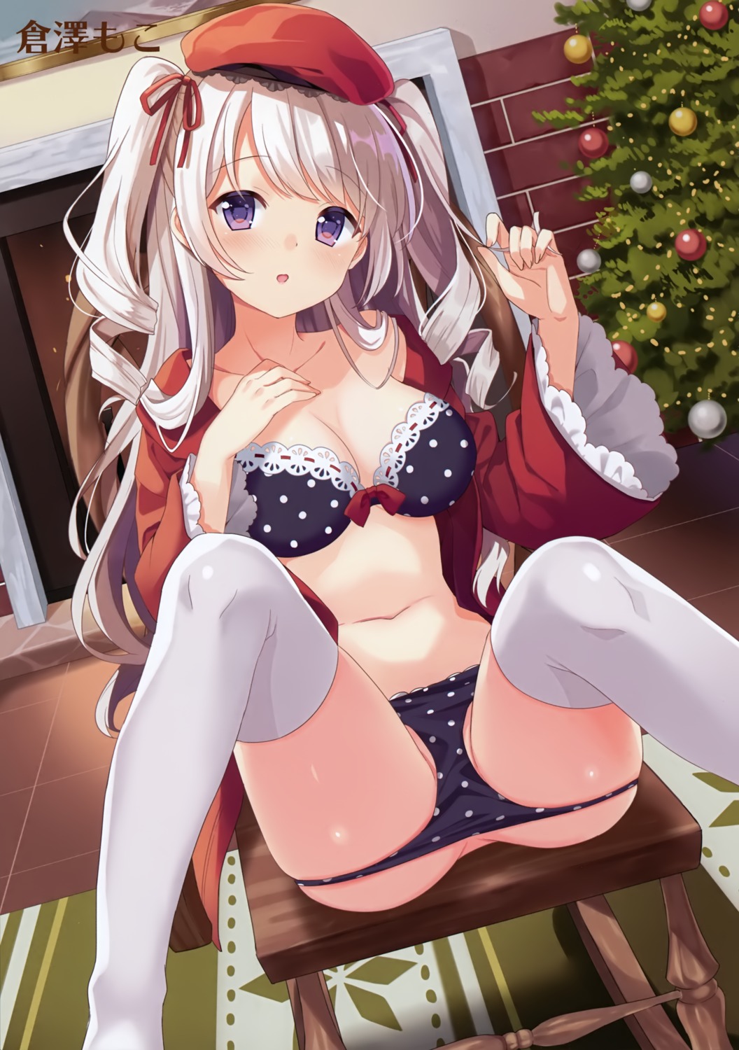 bra christmas cleavage kurasawa_moko open_shirt pantsu panty_pull thighhighs