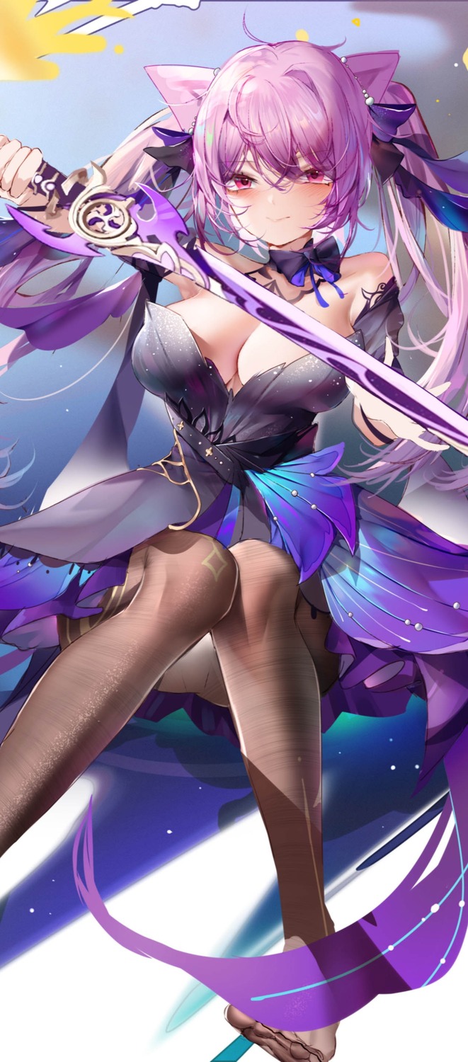 genshin_impact keqing no_bra pantyhose skirt_lift sword xiongshouji