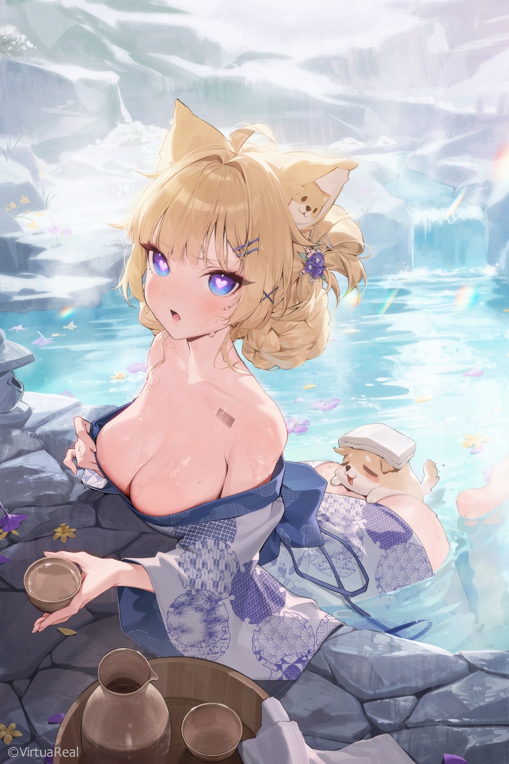 animal_ears kimono monosucre onsen open_shirt sake tattoo wet