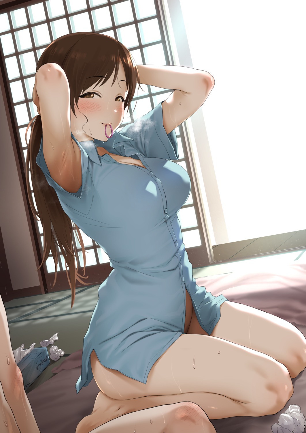 bottomless cleavage dress_shirt nitta_minami pija_(pianiishimo) the_idolm@ster the_idolm@ster_cinderella_girls wet