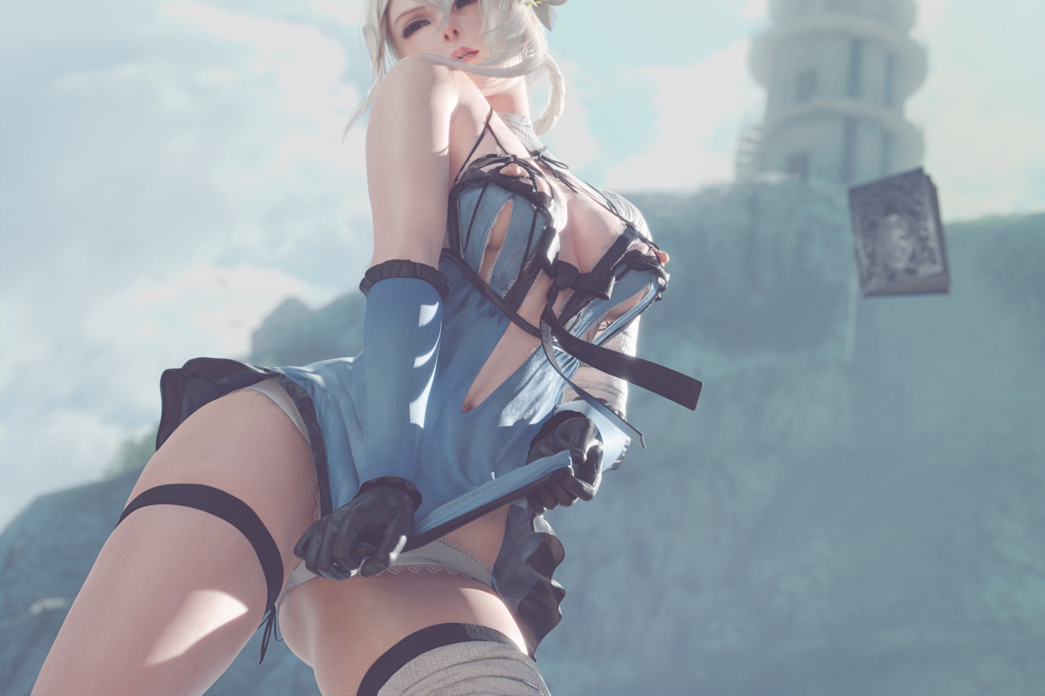 bandages dress garter kaine_(nier) nier nier_replicant nipples no_bra pantsu sixplusone