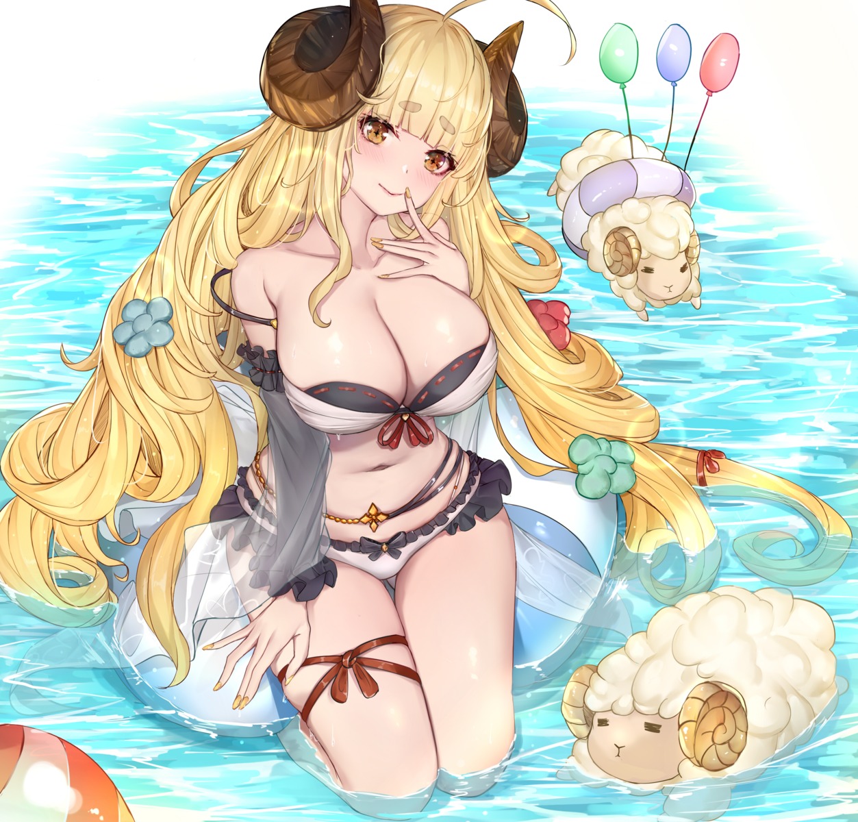 anila_(granblue_fantasy) bikini garter granblue_fantasy horns see_through sherryqq swimsuits wet