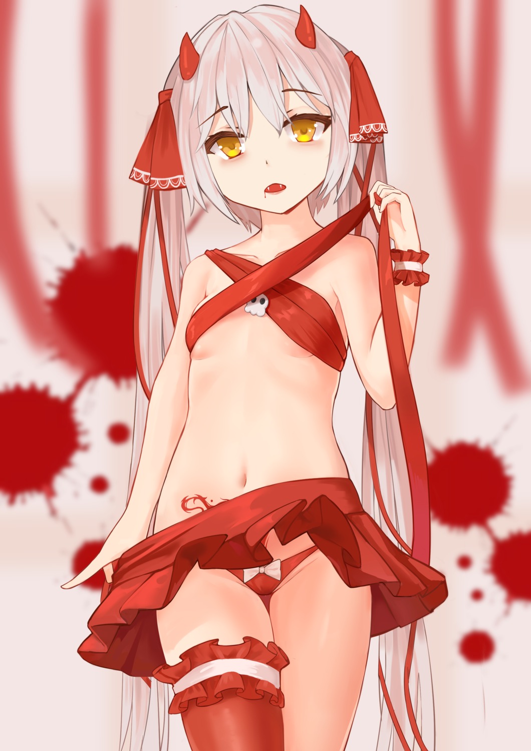 garter horns lingerie loli pantsu qianqiu_wanxia skirt_lift tattoo thighhighs undressing