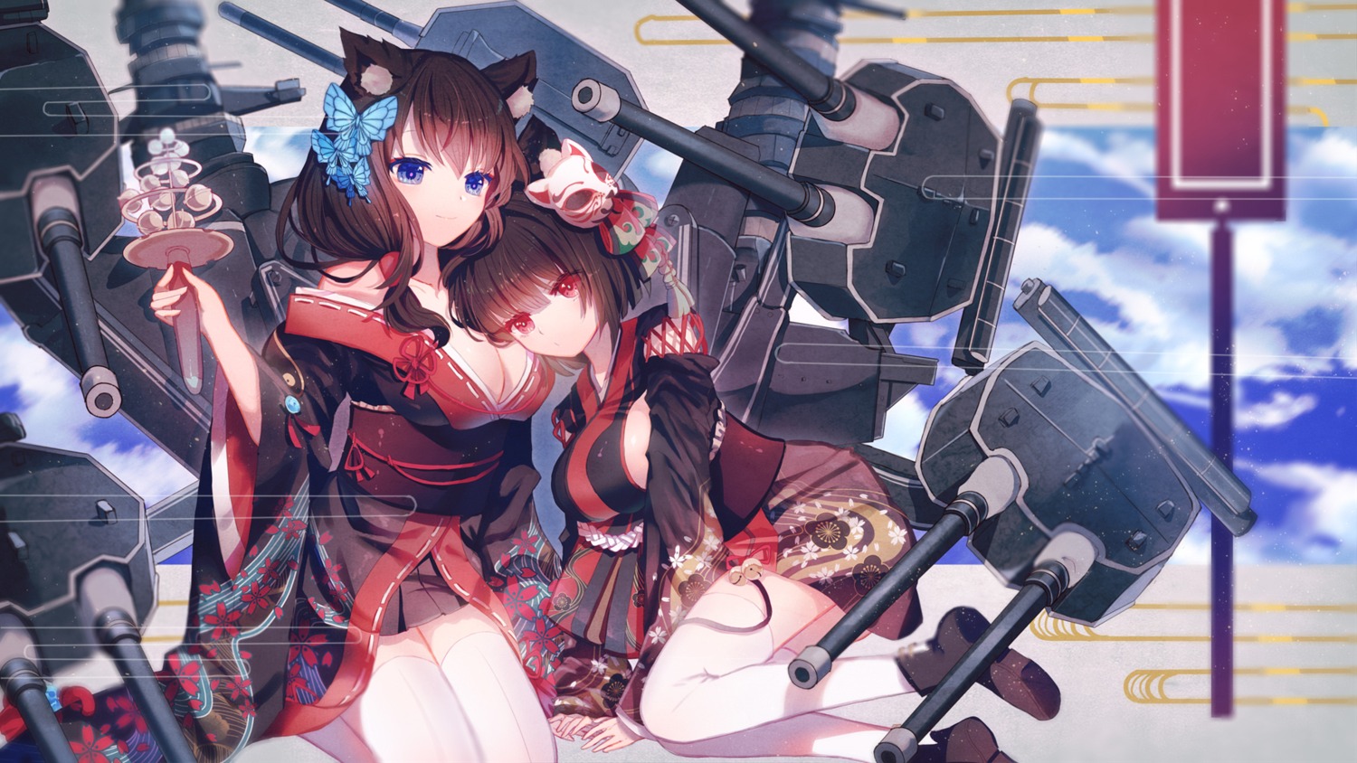 animal_ears azur_lane cleavage fusou_(azur_lane) japanese_clothes thighhighs yamashiro_(azur_lane) yasato