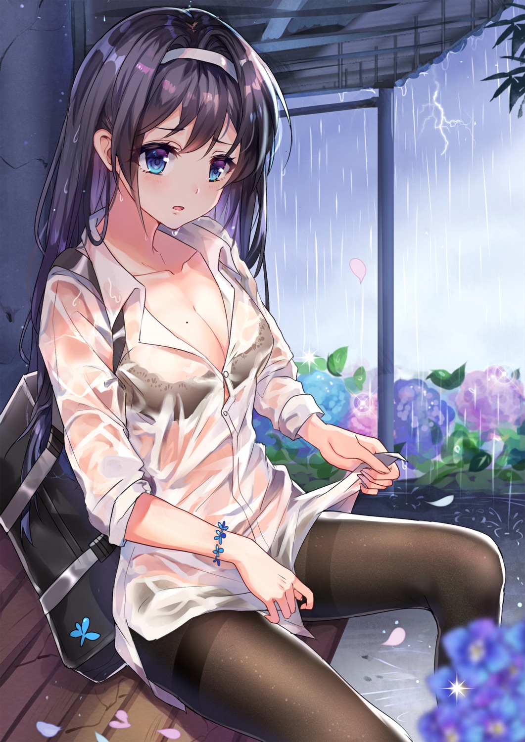 bra cleavage dress_shirt pantyhose see_through shanguier wet wet_clothes