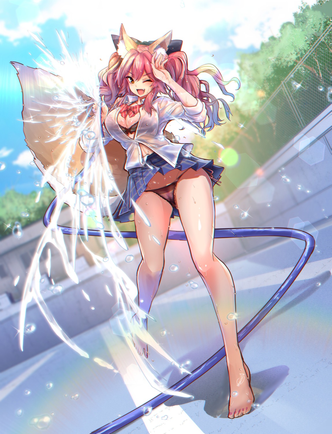 animal_ears bra cameltoe fate/extra fate/stay_night kitsune open_shirt pantsu see_through skirt_lift string_panties tail tamamo_no_mae wet wet_clothes wisespeak