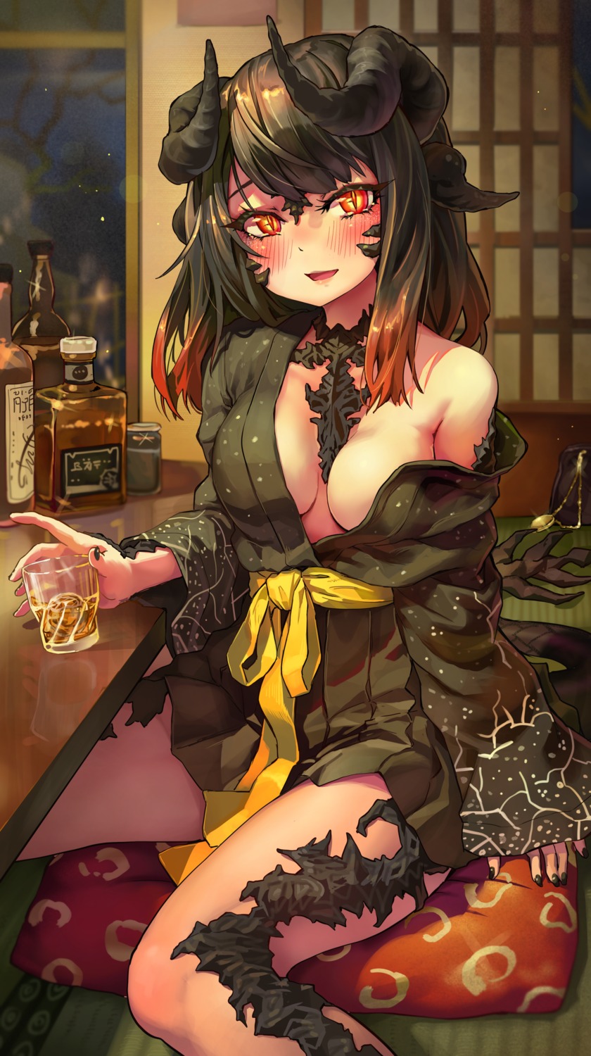 horns melaton no_bra open_shirt tail yukata