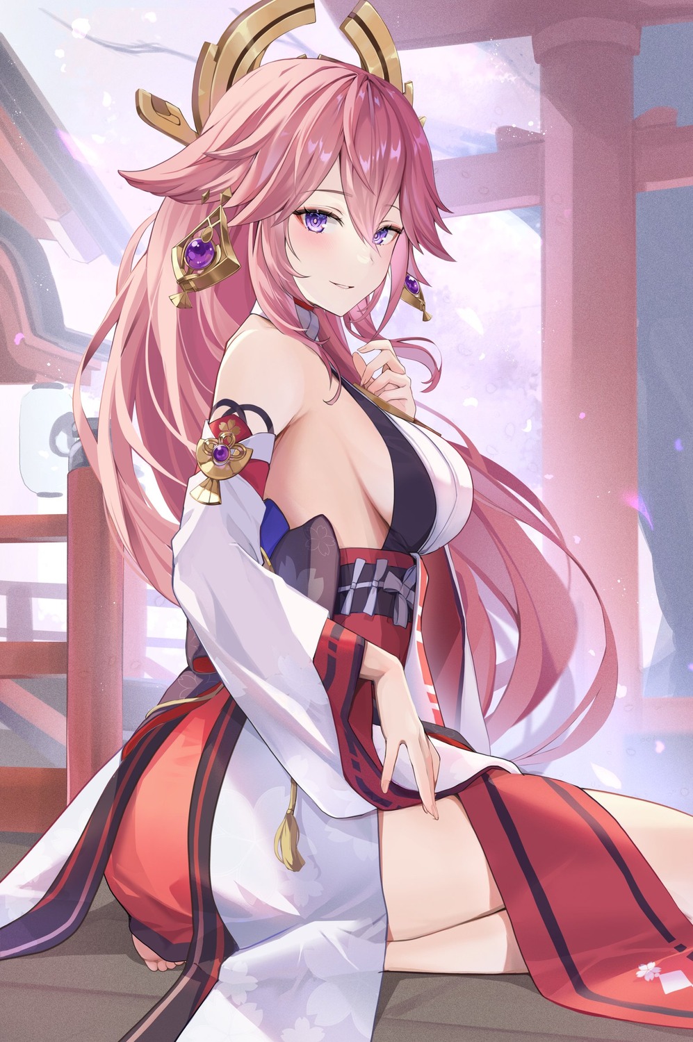 animal_ears genshin_impact japanese_clothes kitsune no_bra pi_tayuko yae_miko